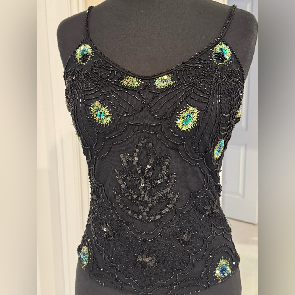 Black hand Beaded Sheer peacock top - Picture 3 of 4